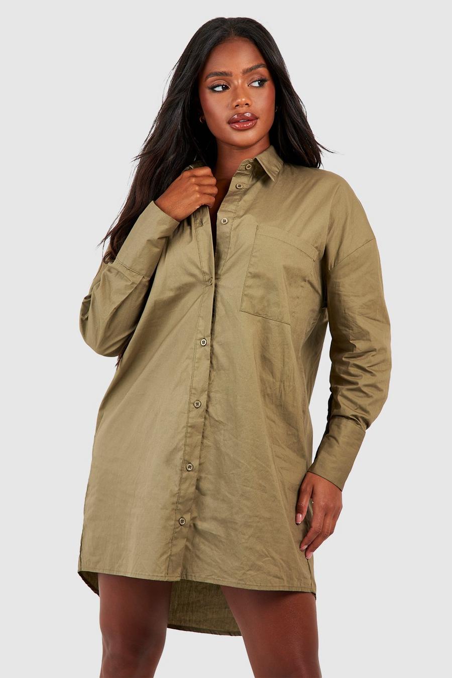 Vestito camicia oversize in cotone, Khaki