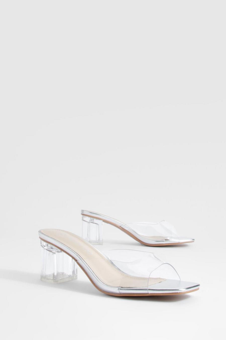 Silver Clear Block Heeled Mules image number 1