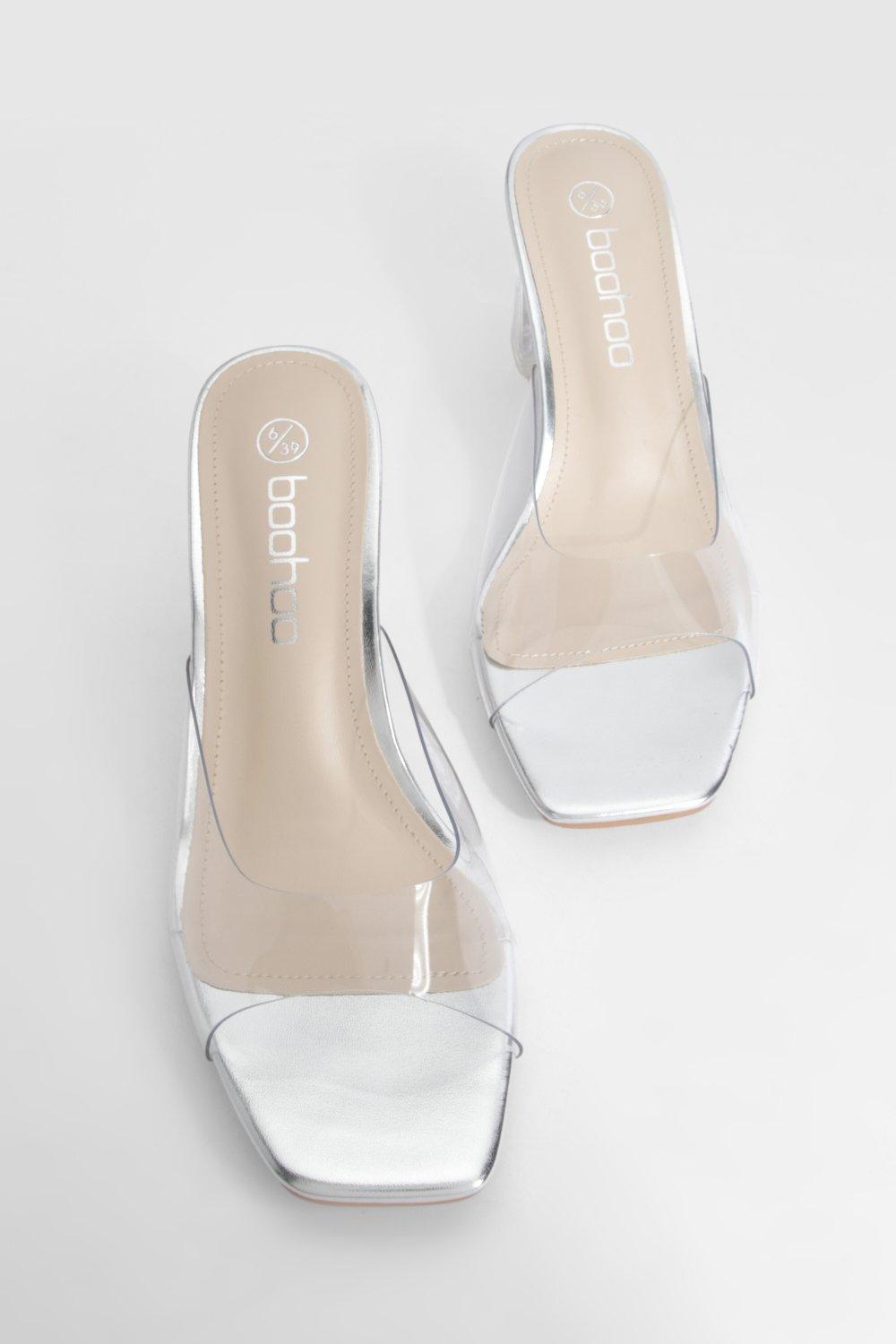 Silver clear block store heels