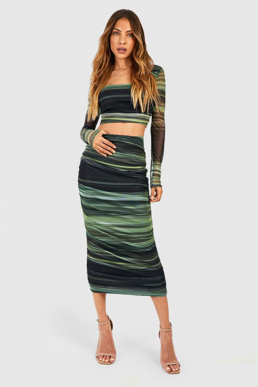 Khaki Mesh Abstract Ruched Square Neck Top & Ruched Midi Skirt