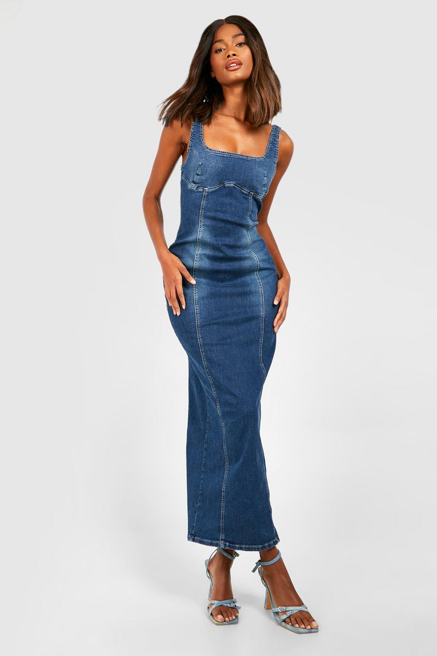 Robe longue en jean à coutures apparentes, Washed indigo image number 1