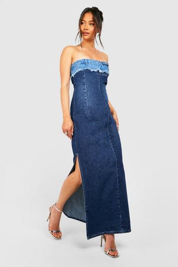 Contrast Hem Denim Bandeau Maxi Dress washed indigo