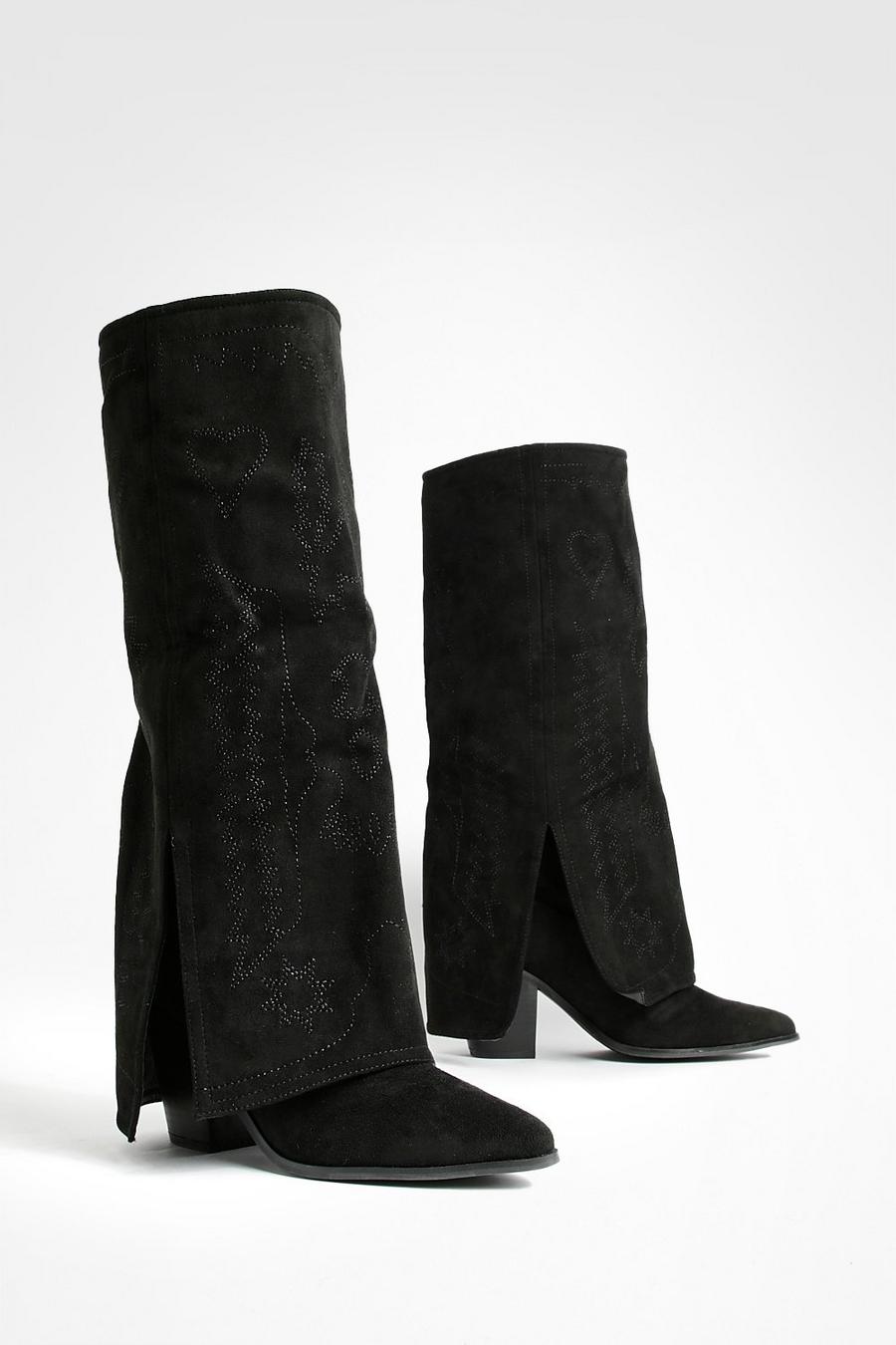 Black Wide Fit Foldover Western Knee High Boots 