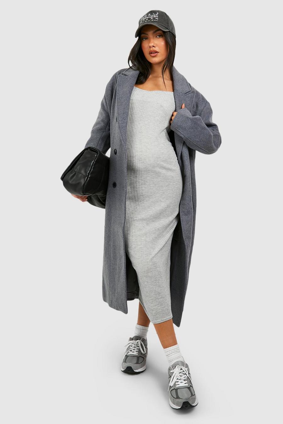 Grey Maternity Brushed Rib Sweetheart Neck Midi Dress