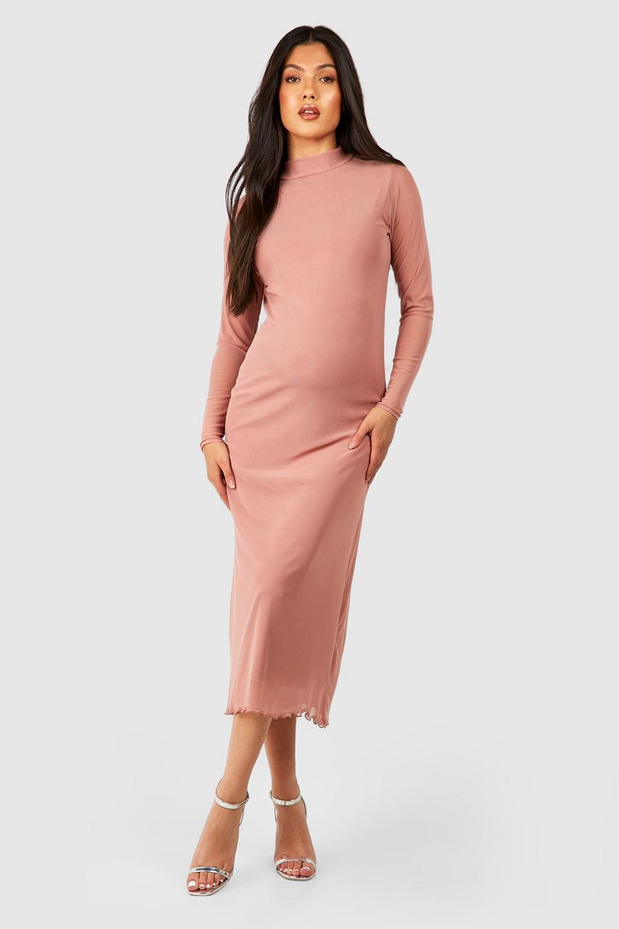 Blush pink Maternity High Neck Mesh Midaxi Dress