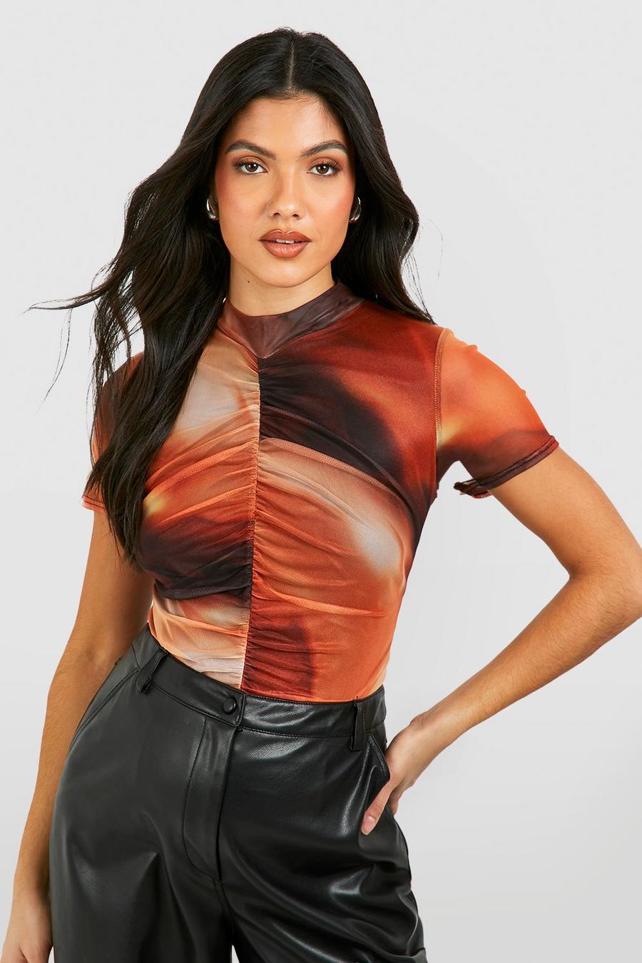Brown Maternity Short Sleeve Abstract Mesh Top image number 1