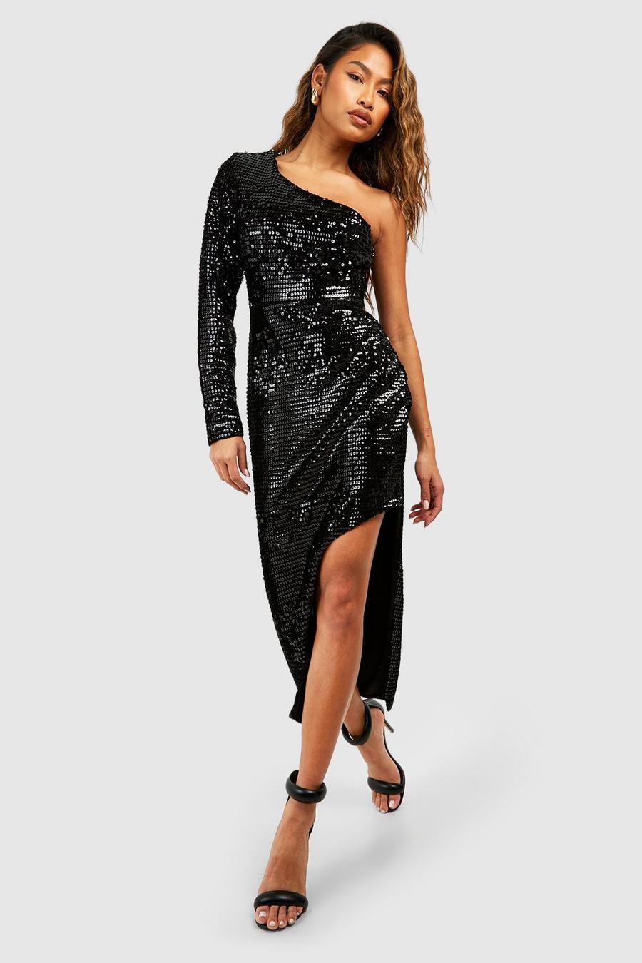 Black Sequin Asymmetric Midi Dress image number 1