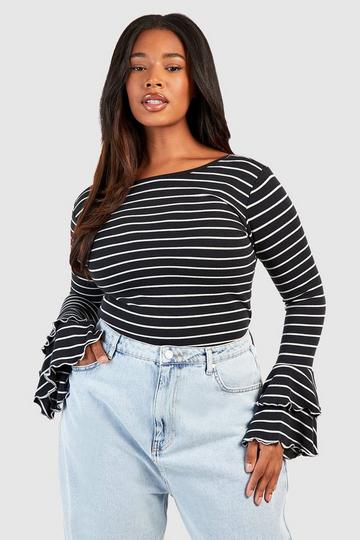 Plus Flare Sleeve Stripe Bodysuit black