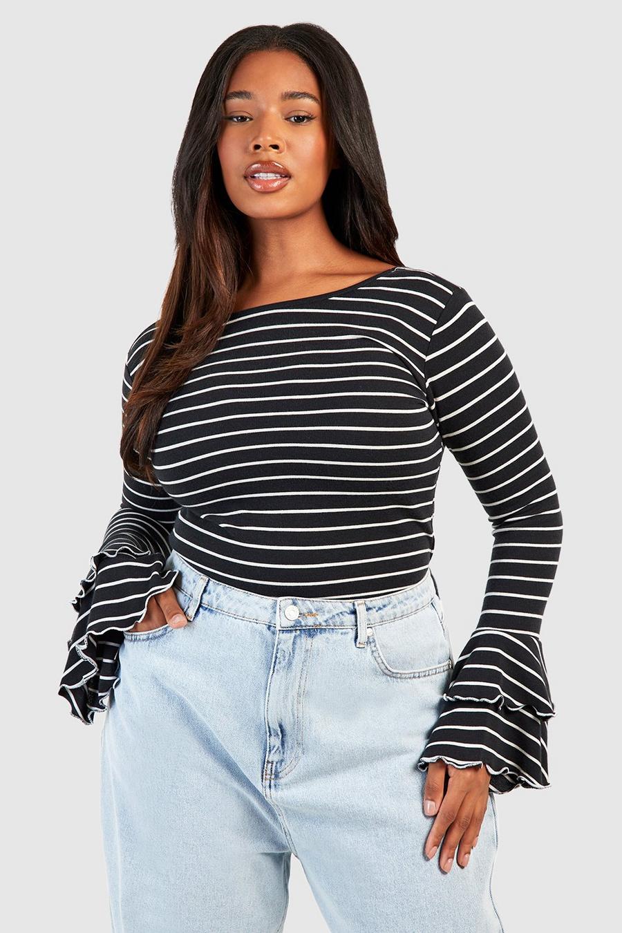 Black Plus Flare Sleeve Stripe Bodysuit 