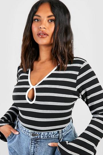 Black Plus Flare Sleeve Keyhole Stripe Bodysuit