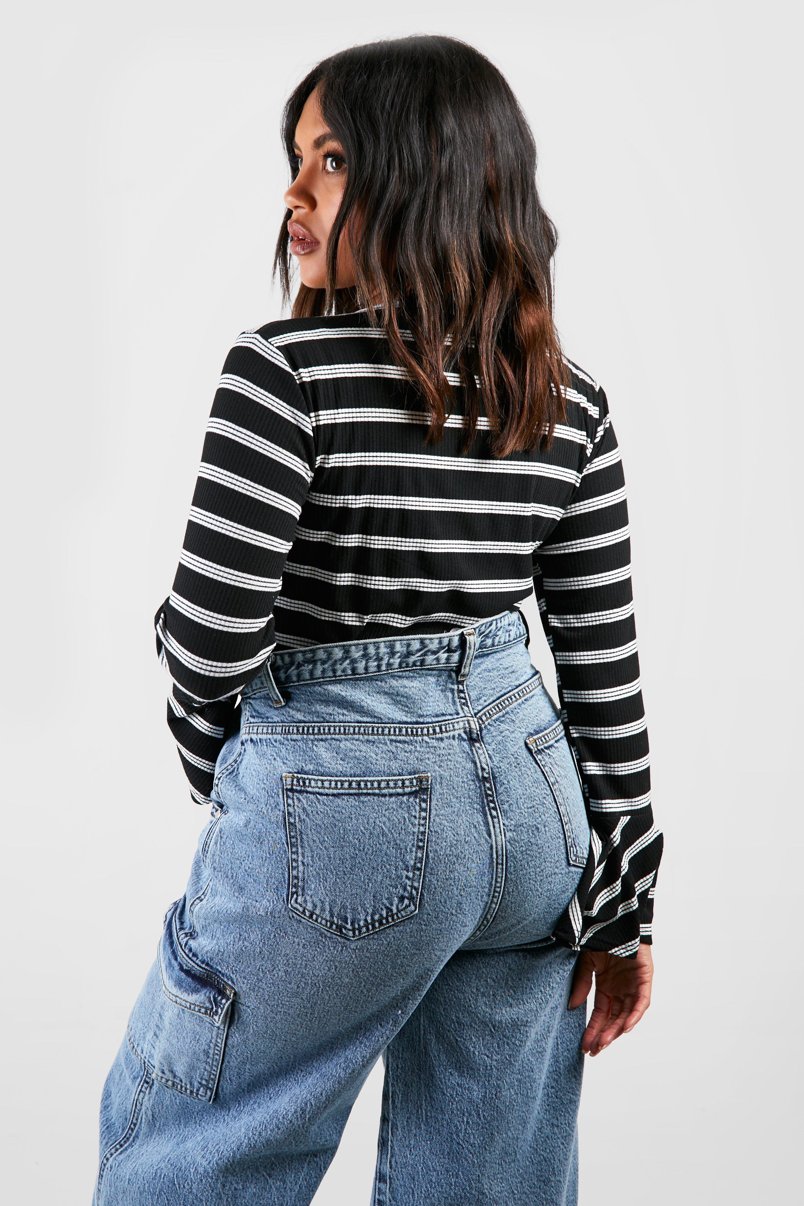 Black Plus Flare Sleeve Keyhole Stripe Bodysuit