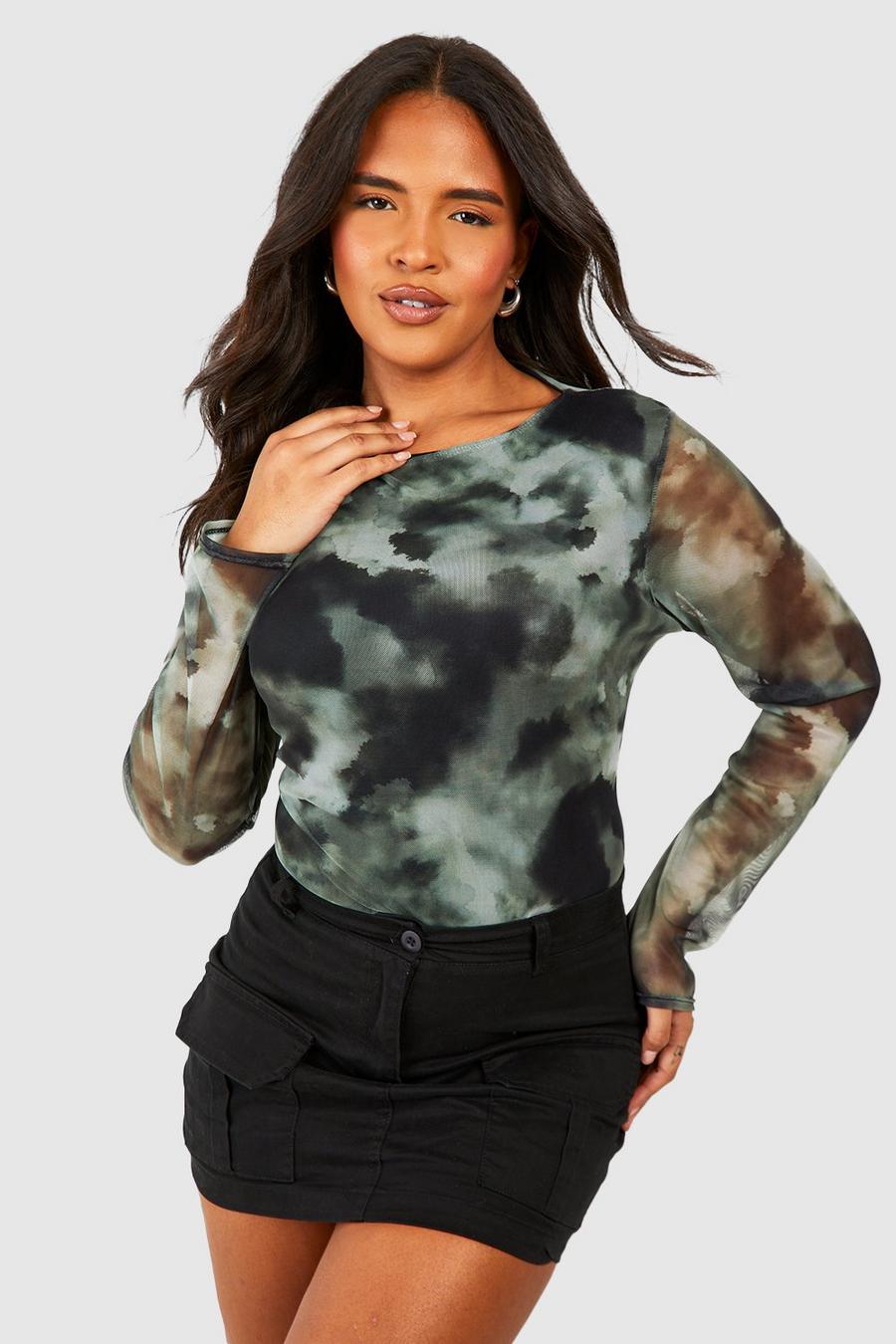 Khaki Plus Abstract Mesh Long Sleeve Top  image number 1
