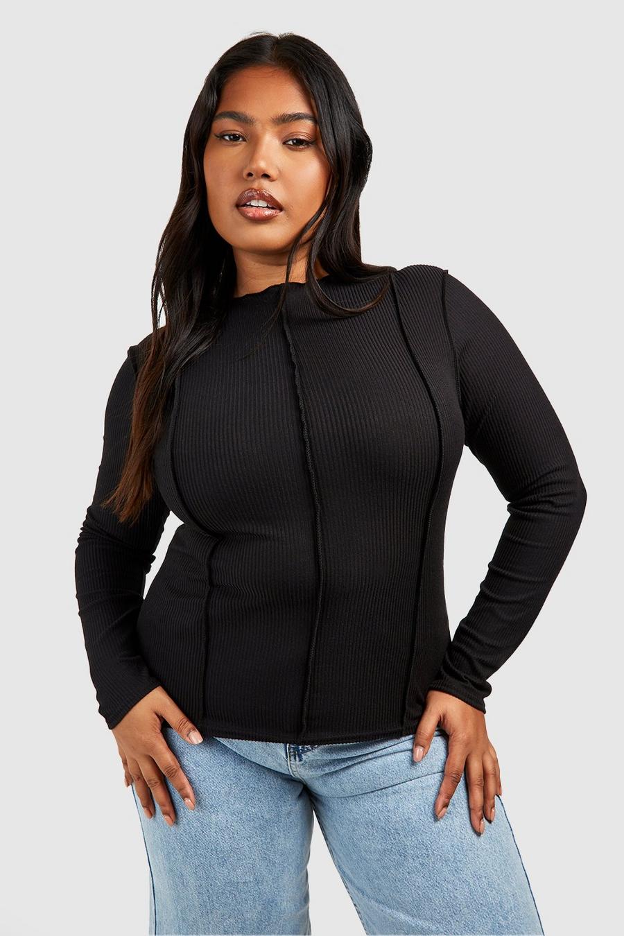 Top Plus con cuello alto y detalle de costuras, Black