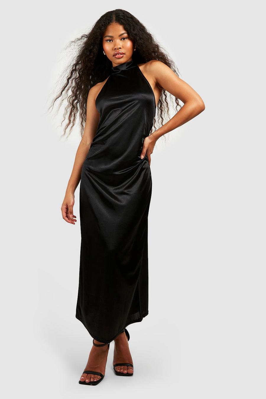 Black Petite Satin High Neck Midaxi Dress image number 1