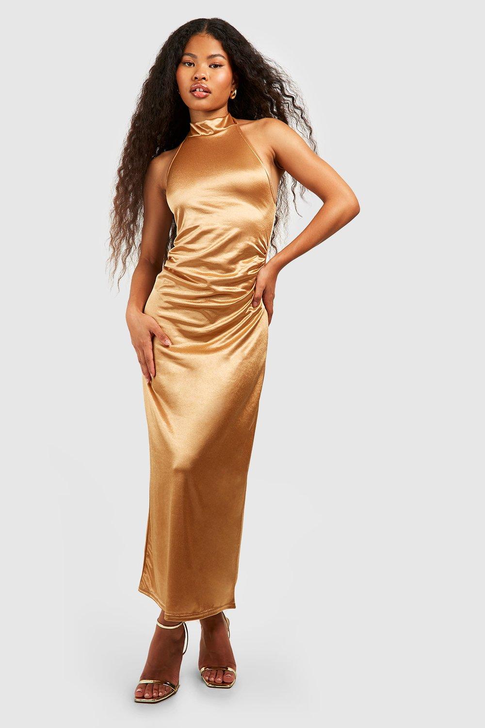 Boohoo Women s Petite Satin High Neck Midaxi Dress Gold