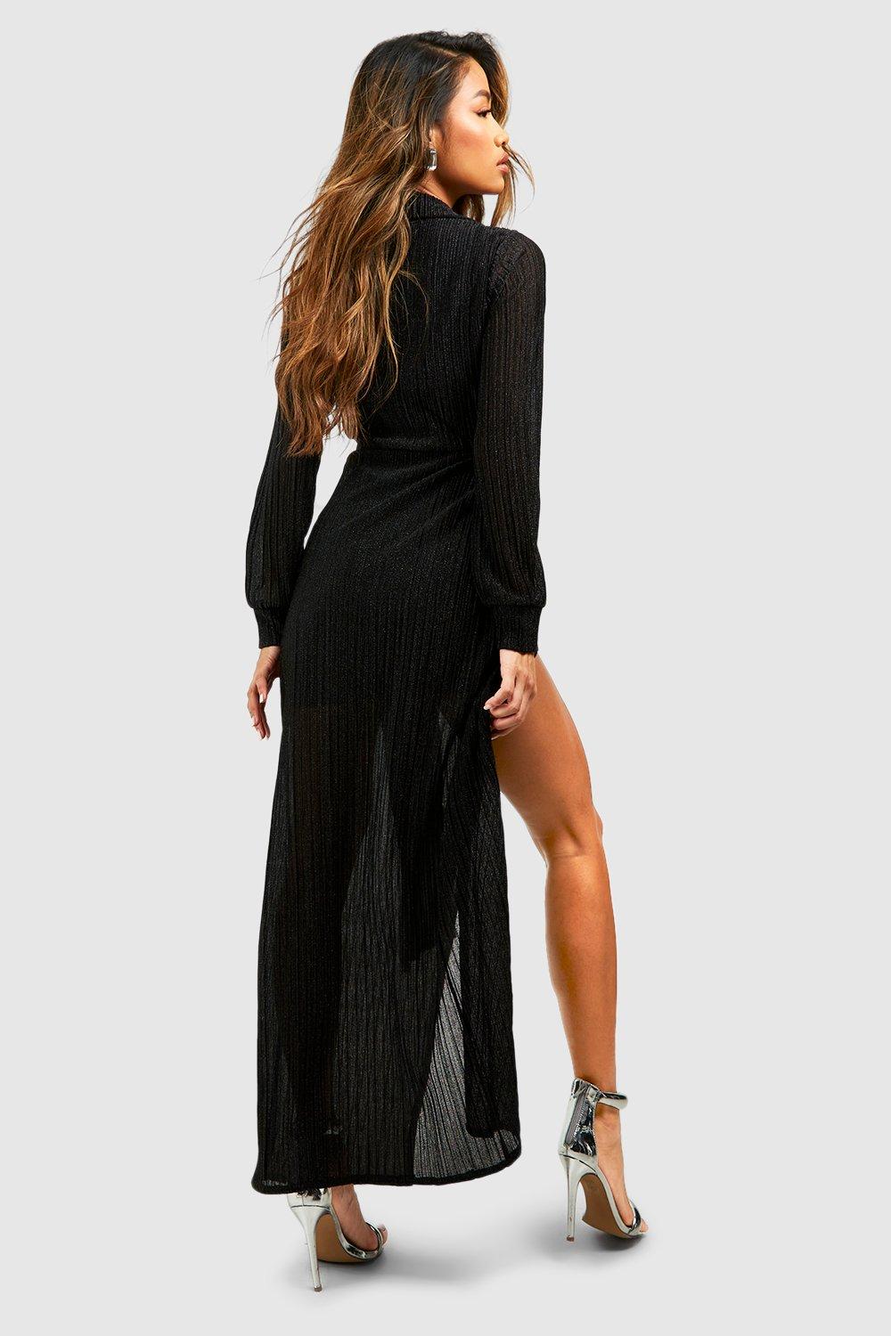 Black Plisse Split Leg Maxi Dress