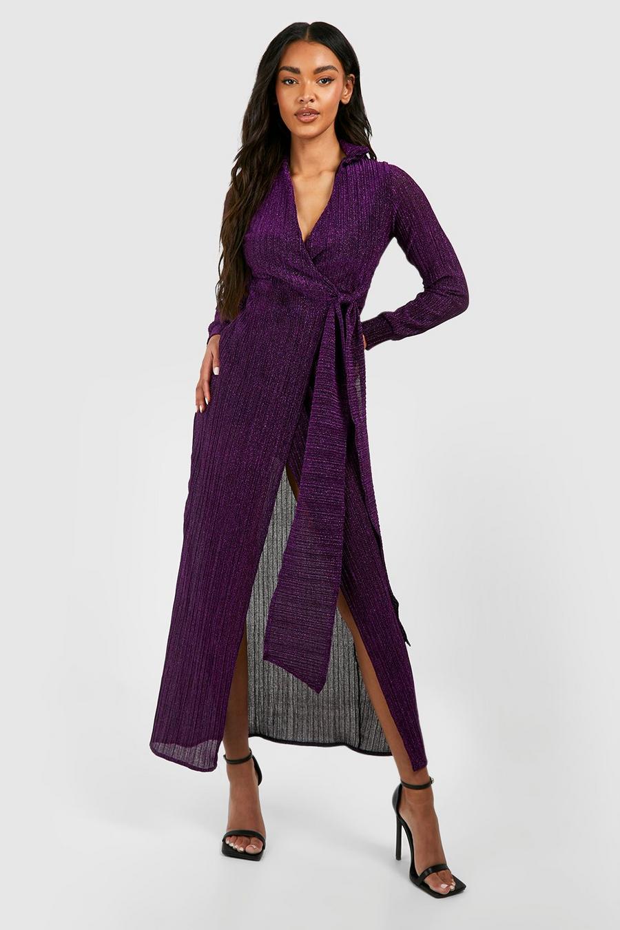 Purple Tie Waist Glitter Plisse Split Leg Maxi Dress image number 1