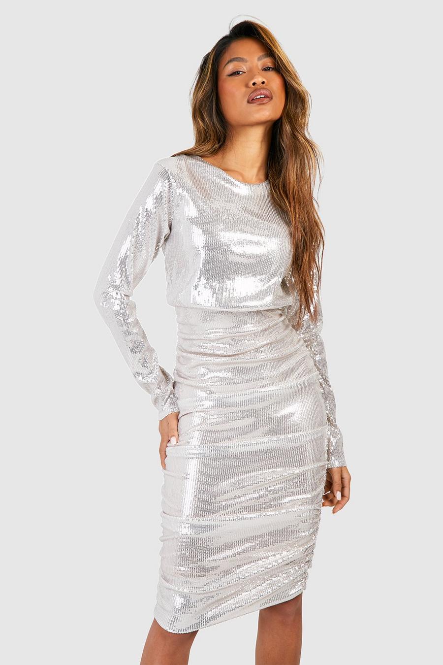 Champagne Sequin Ruched Drape Midi Dress image number 1