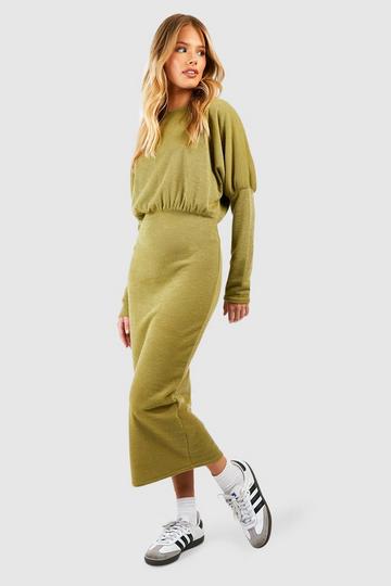 Olive Green Long Sleeve Knit Midi Dress