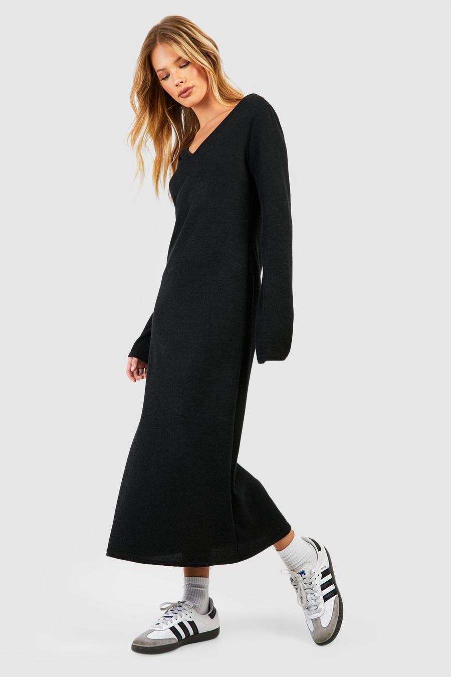 Black Flare Sleeve Knit Midi Dress