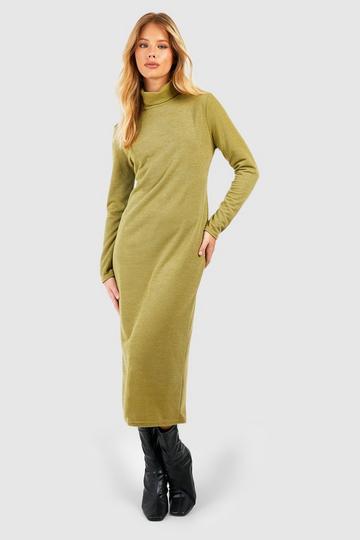 Olive Green Turtleneck Knit Midi Dress