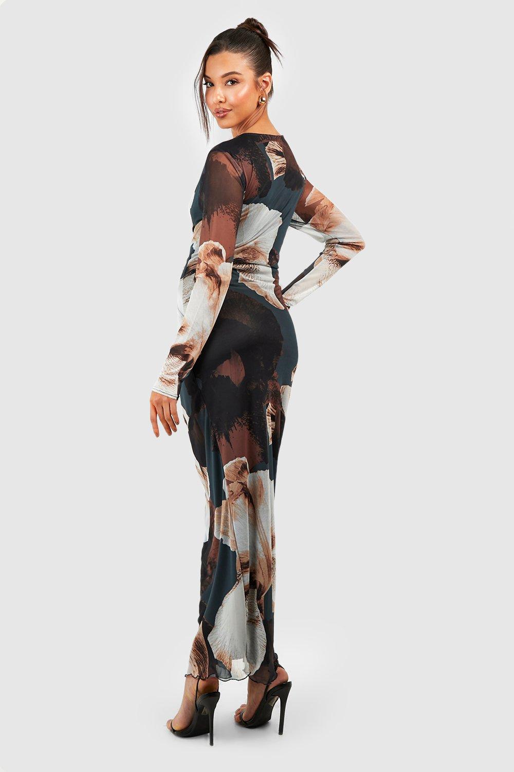 Abstract Floral Mesh Maxi Dress boohoo