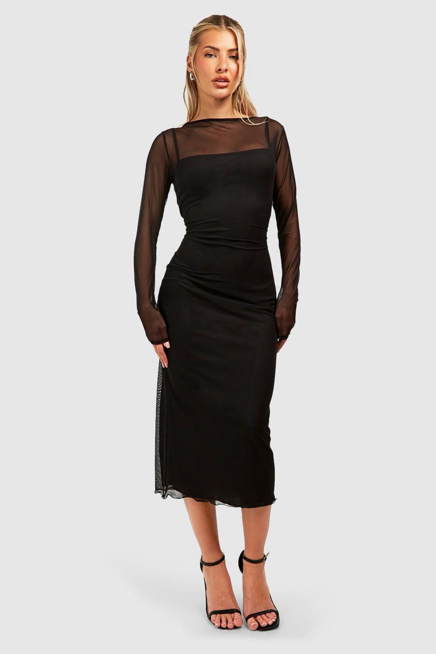 Vestito longuette in rete semi-trasparente a contrasto, Black image number 1