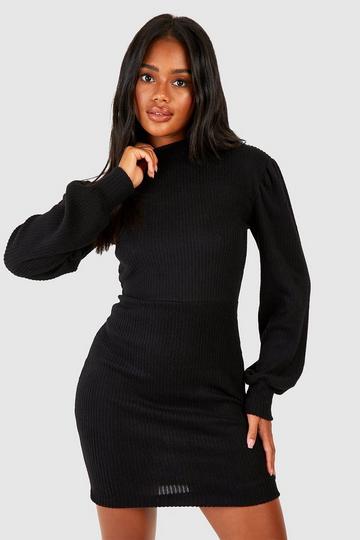 Brushed Rib Puff Sleeve Mini Dress black