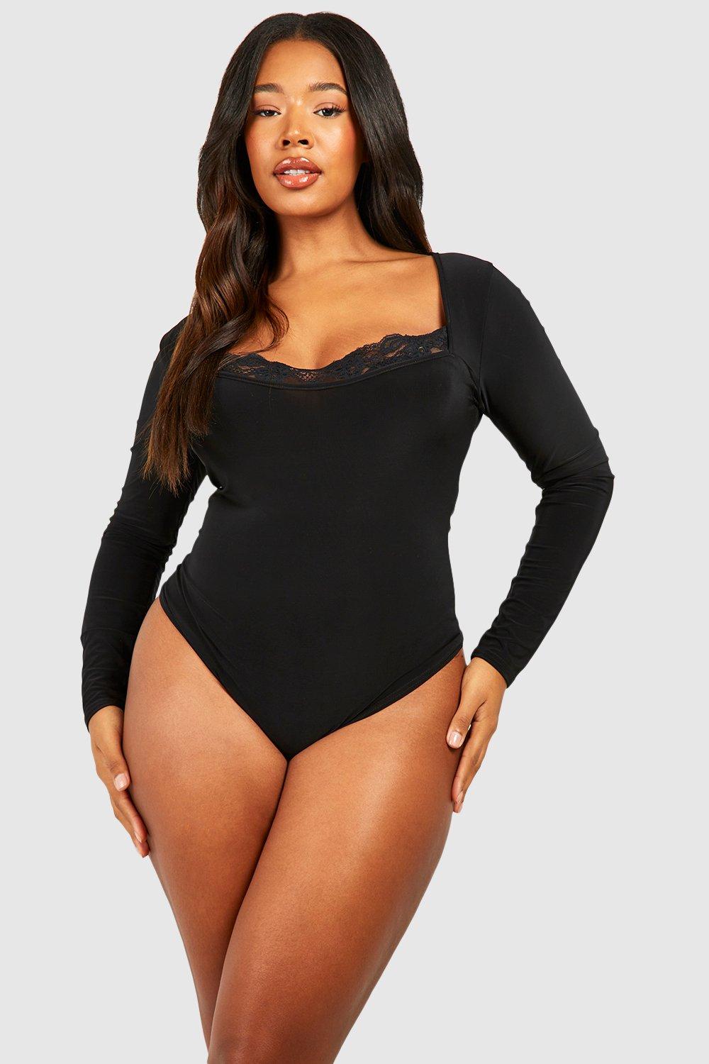 Women's Black Plus Long Sleeve Lace Bodysuit