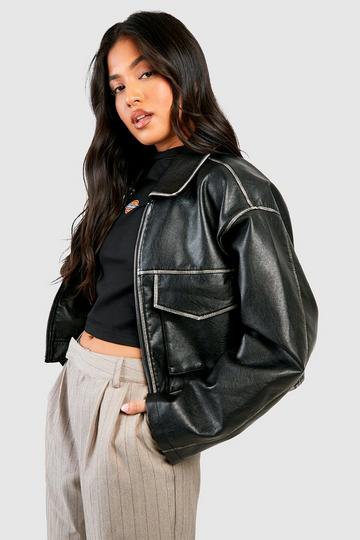 Black Petite Vintage Look Faux Leather Pocket Detail Jacket