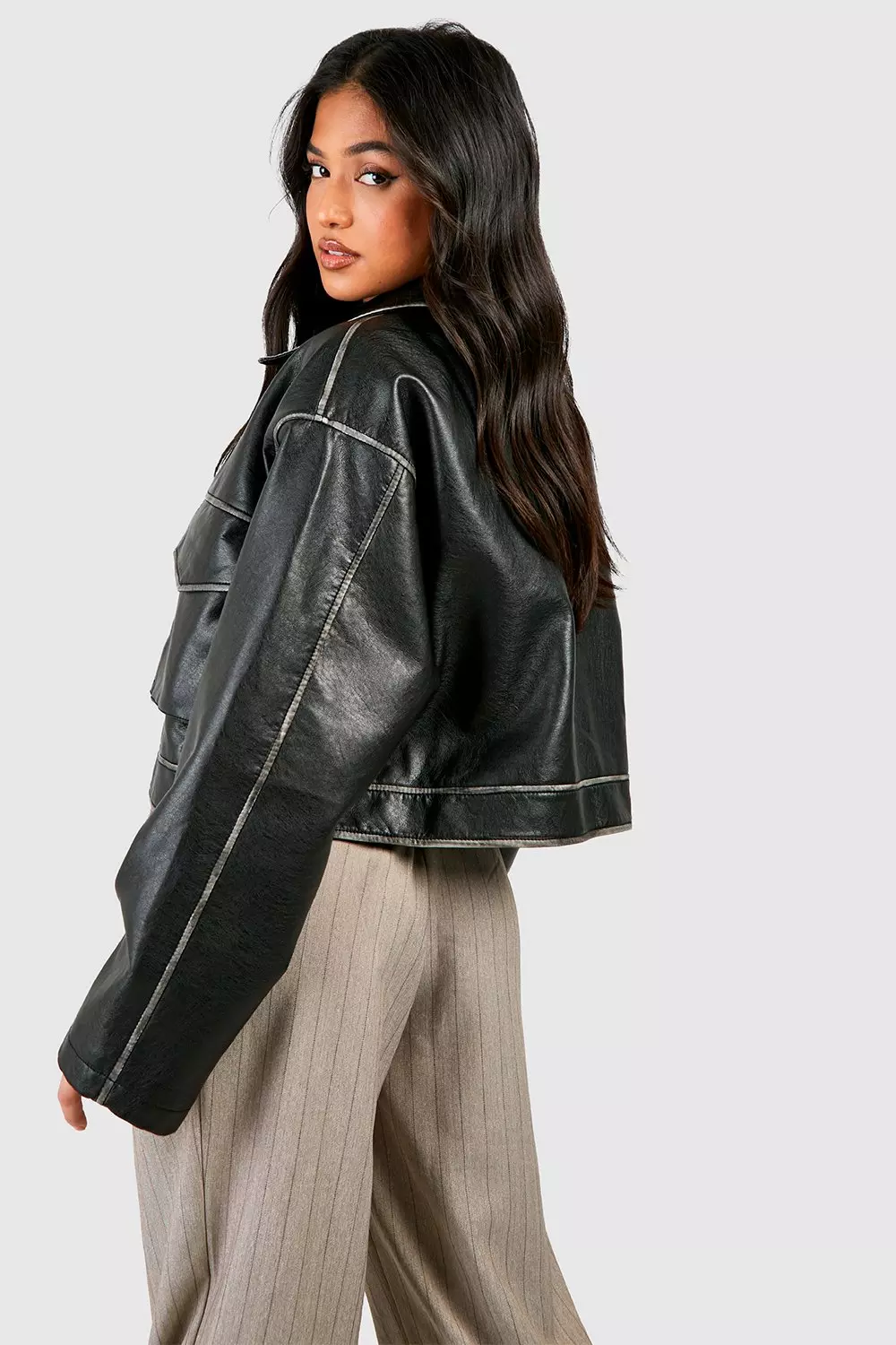 Black Petite Vintage Look Faux Leather Pocket Detail Jacket alternative image