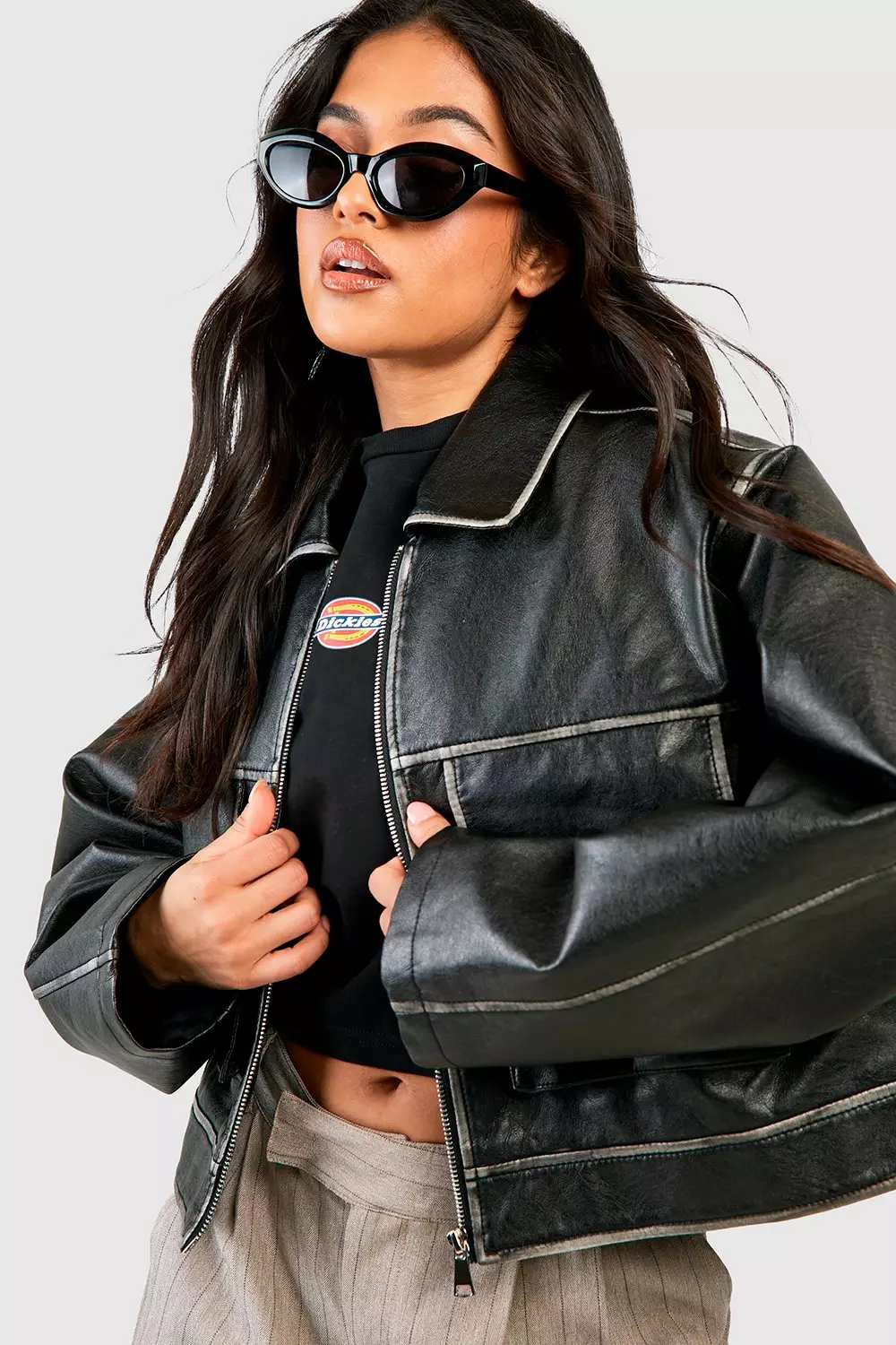 Black Petite Vintage Look Faux Leather Pocket Detail Jacket alternative image