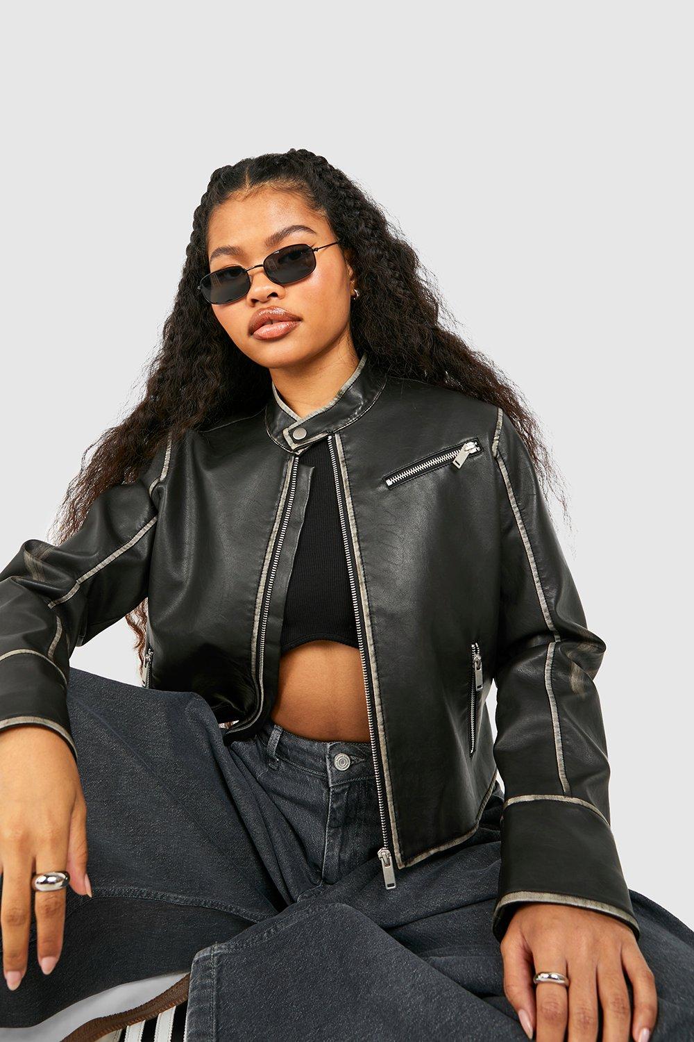 Petite Fitted Moto Vintage Look Faux Leather Jacket