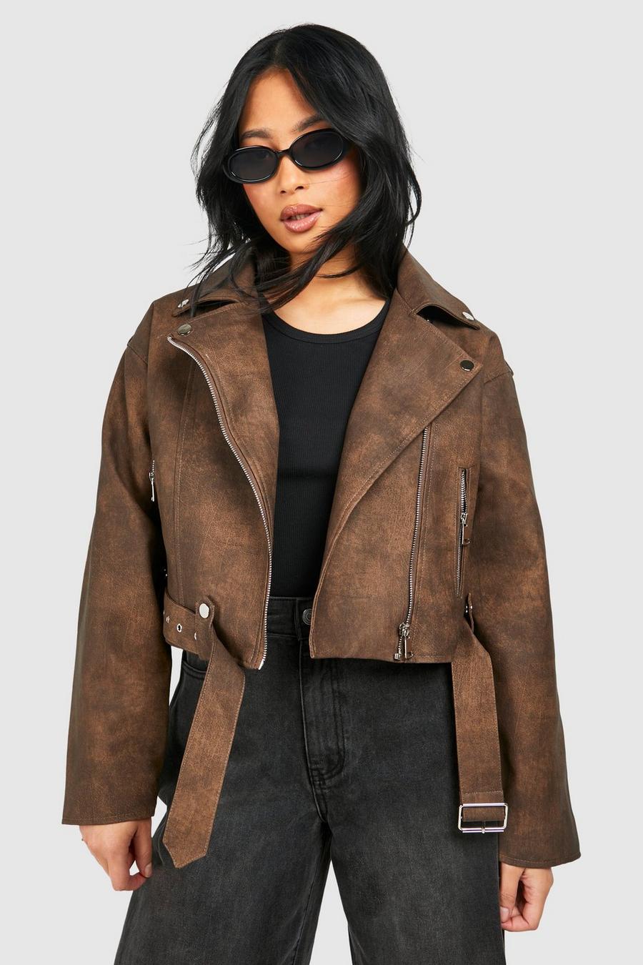 Dark brown Petite Vintage Look Faux Leather Biker Jacket 