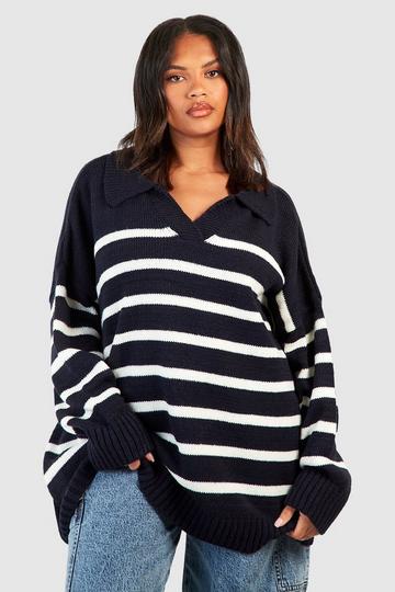 Plus Collared Stripe Sweater navy