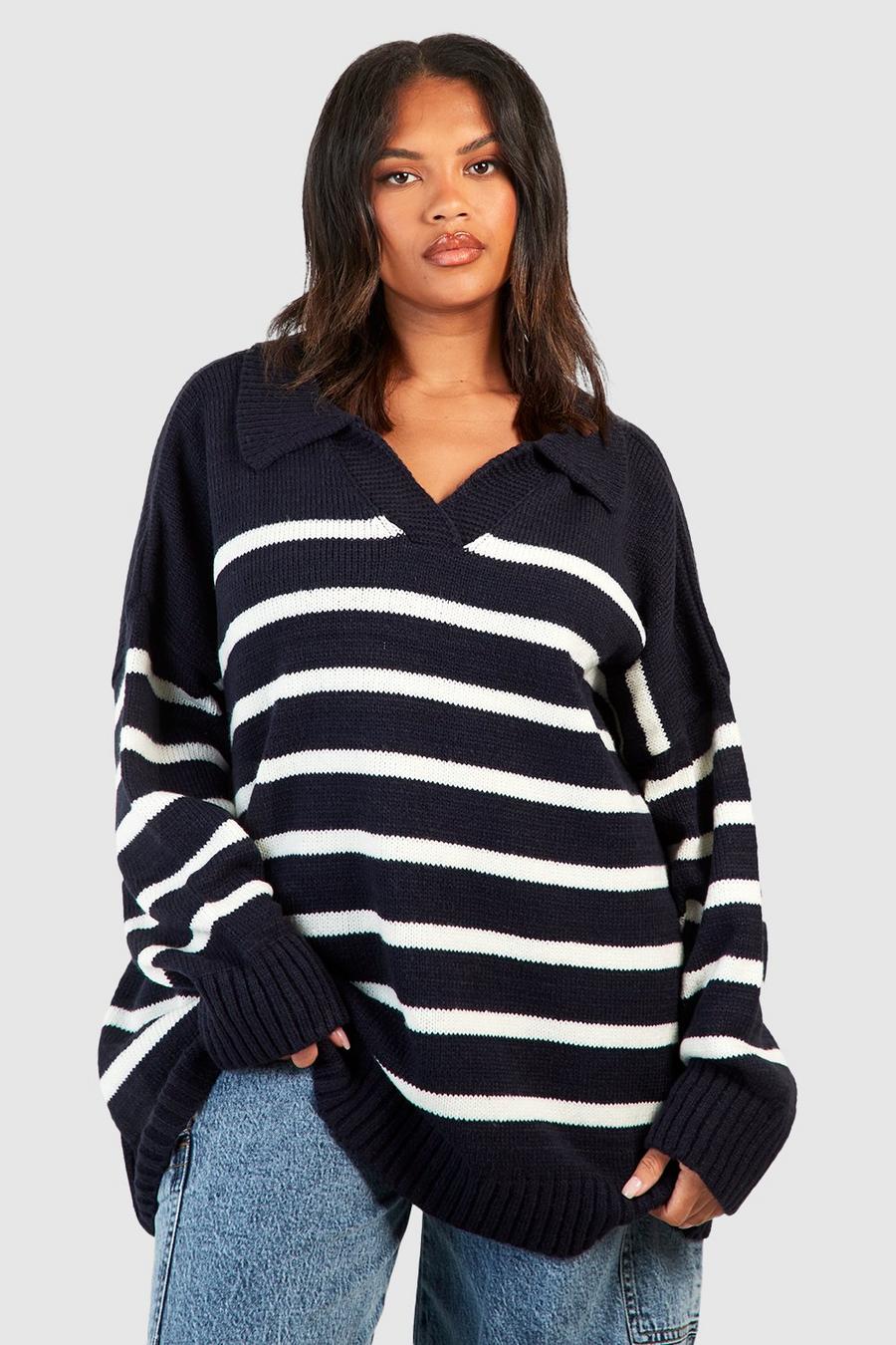 Navy Plus Collared Stripe Sweater