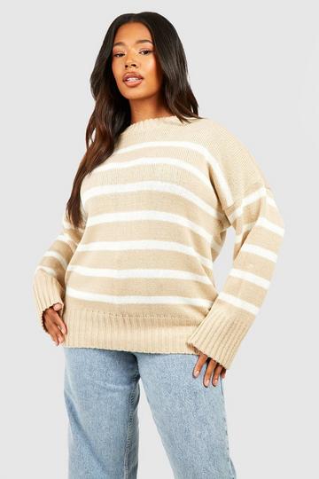 Stone Beige Plus Crew Neck Oversized Stripe Sweater