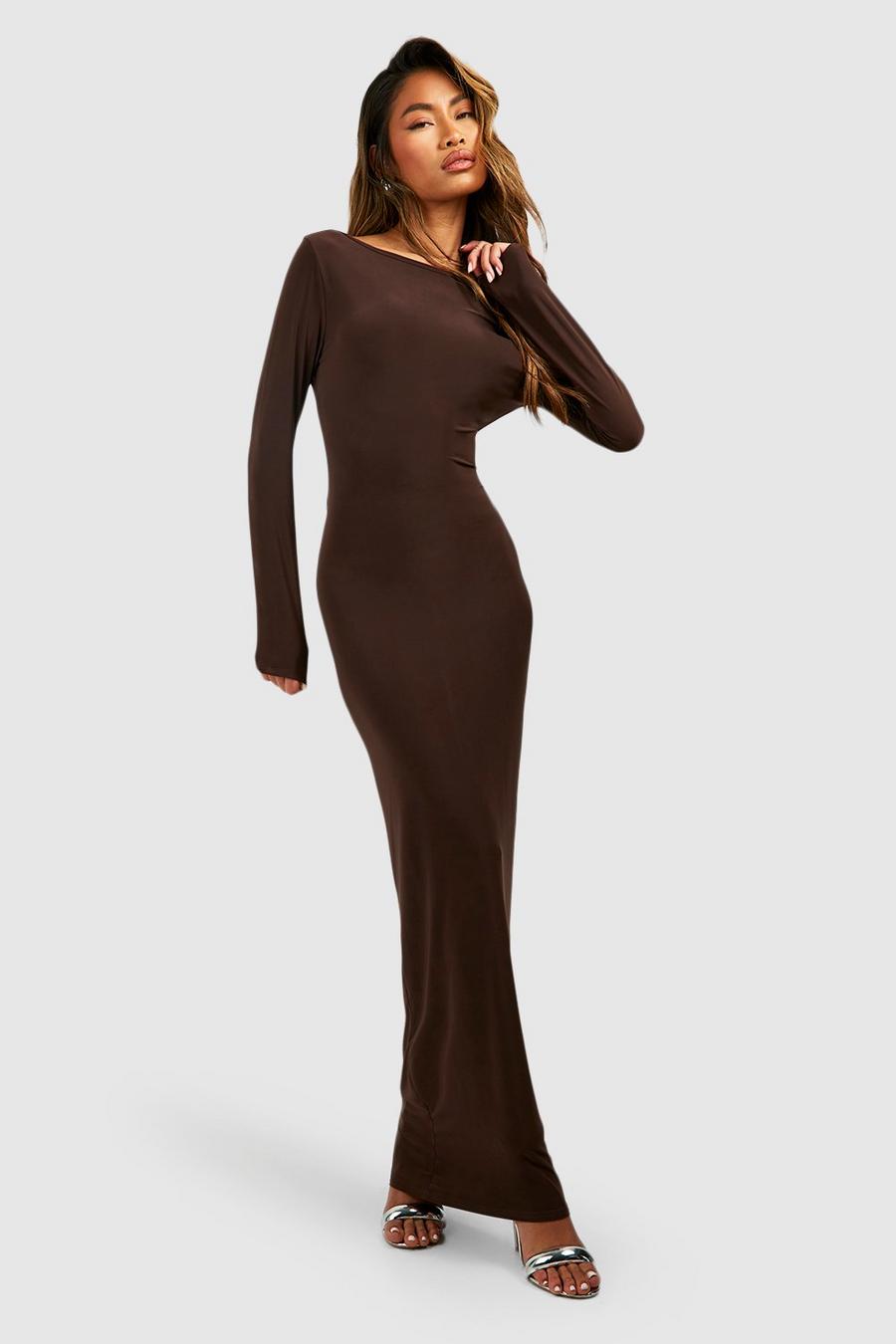 Olive Acetate Slinky Bardot Long Sleeve Maxi Dress