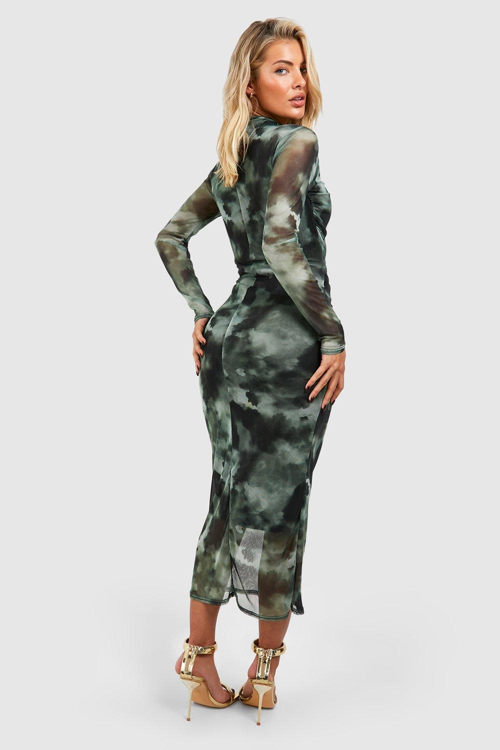 Tie Dye Ruched Mesh Midi Dress