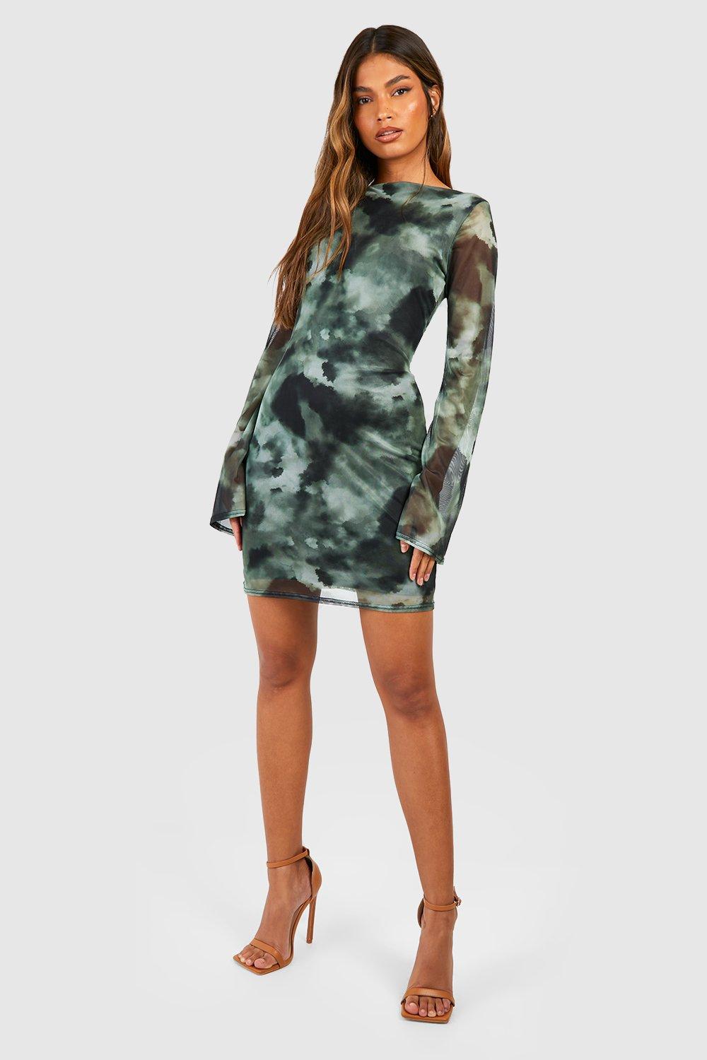 Tie Dye Open Back Flare Sleeve Mini Dress | boohoo USA