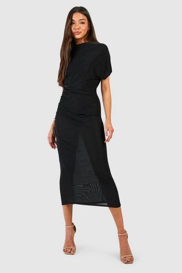 Black High Neck Ruched Acetate Slinky Midi Dress