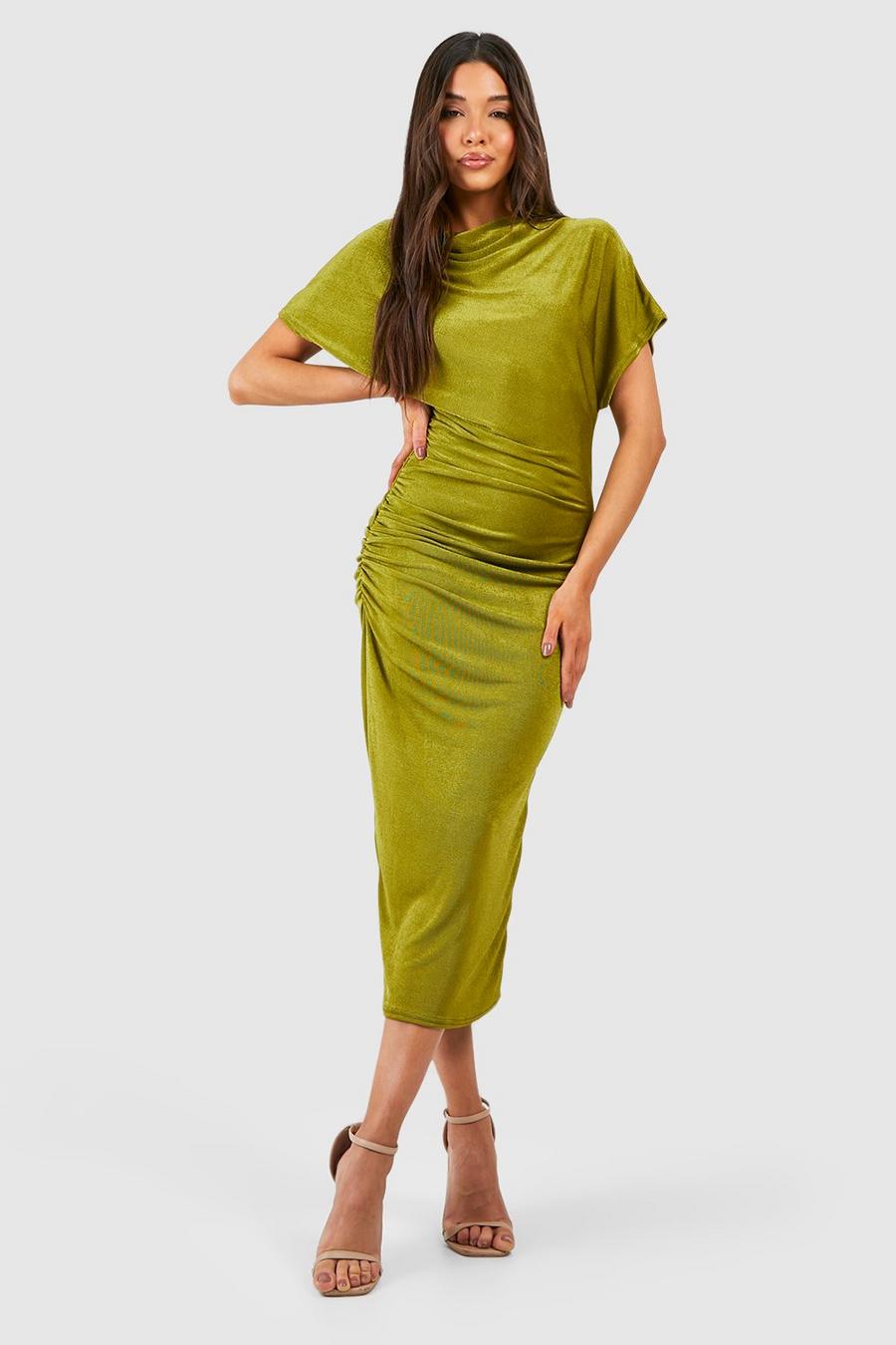 Khaki High Neck Ruched Acetate Slinky Midaxi Dress image number 1