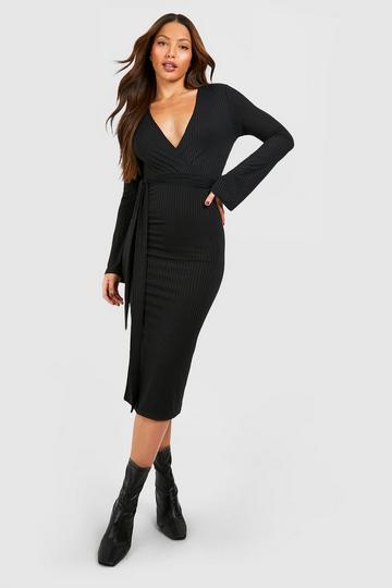 Tall Rib Wrap Belted Flare Sleeve Midi Dress black