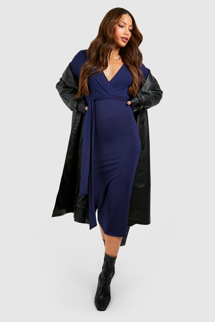 Navy Tall Rib Wrap Belted Flare Sleeve Midi Dress image number 1
