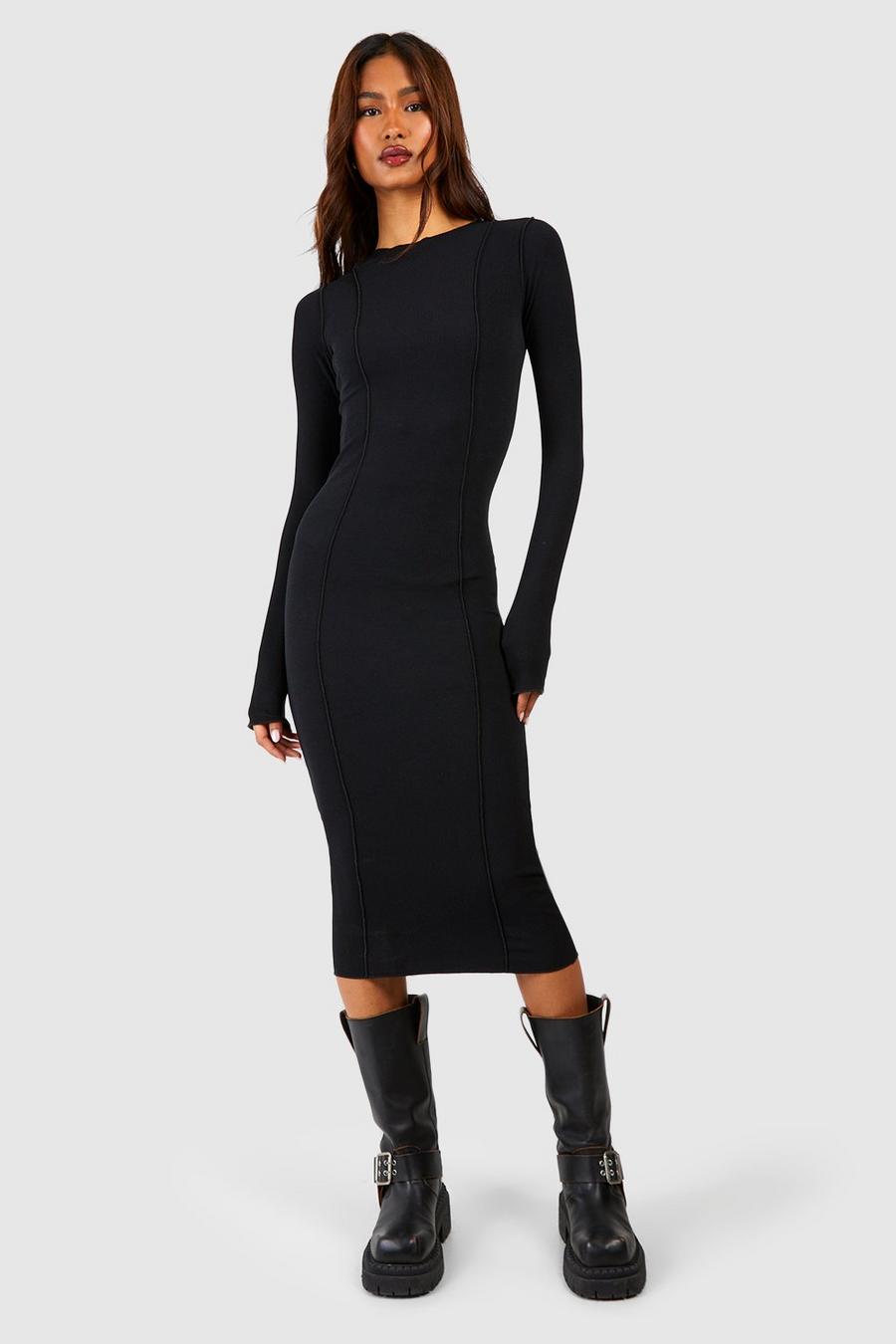 Black Tall Exposed Seam Slash Neck Midi Dress