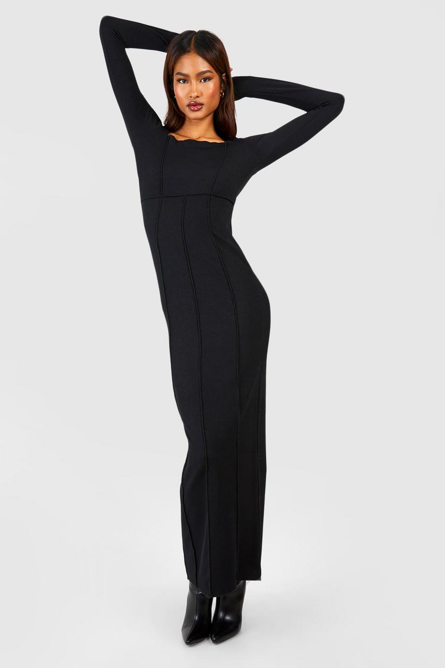 Tall - Robe longue à col carré et coutures apparentes, Black image number 1