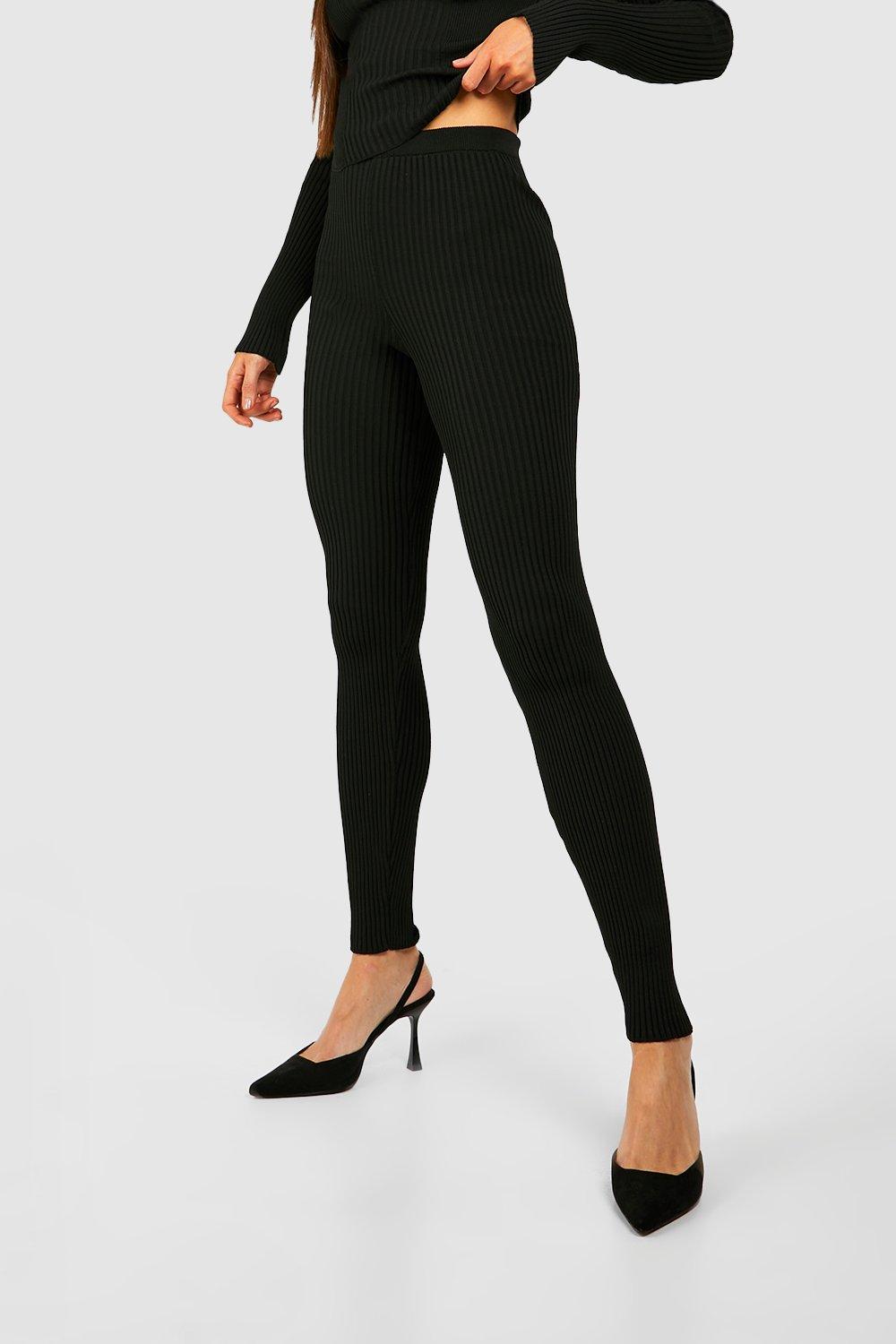 Ribbed Knit High Waist Leggings - Black