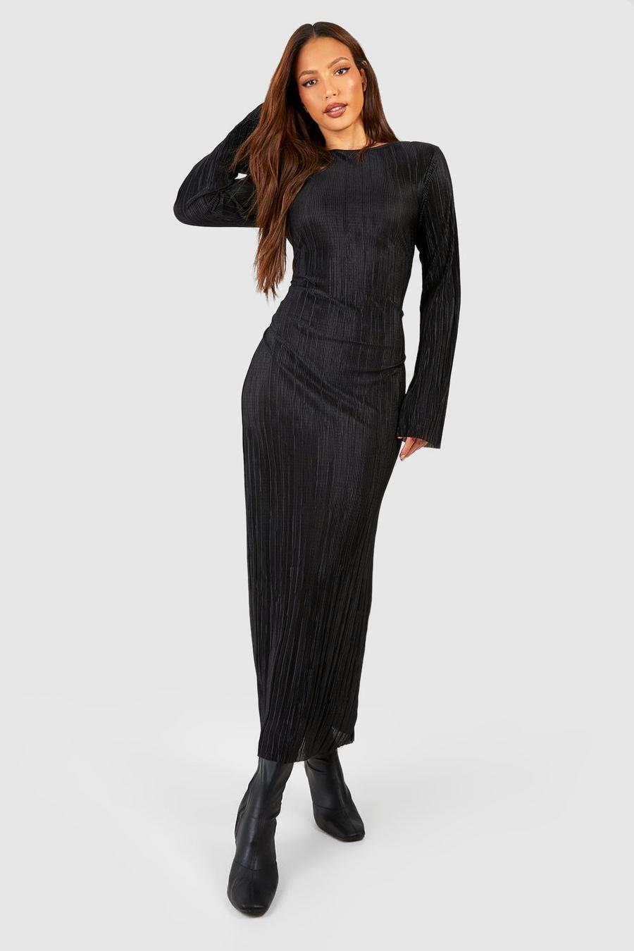Black Tall Plisse Column Flare Cuff Midaxi Shift Dress