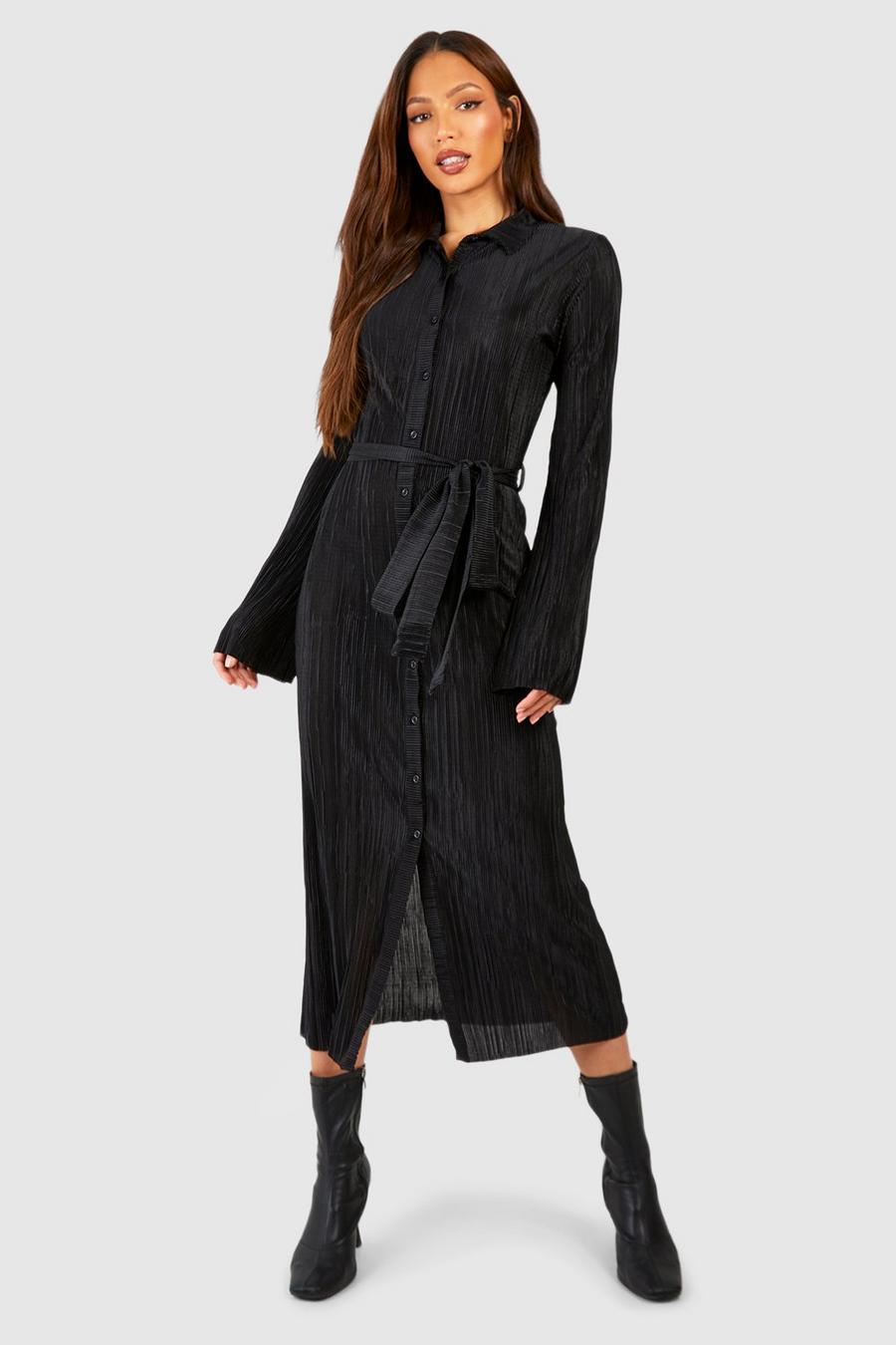 Black Tall Plisse Belted Flare Sleeve Midi Shirt Dress