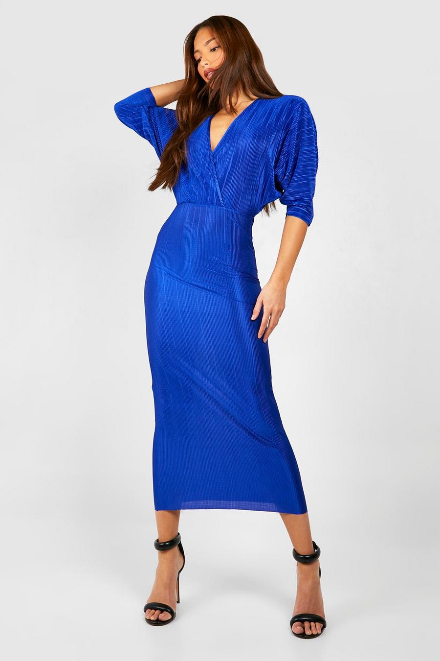 Cobalt blue Tall Plunge Balloon Sleeve Plisse Maxi Dress